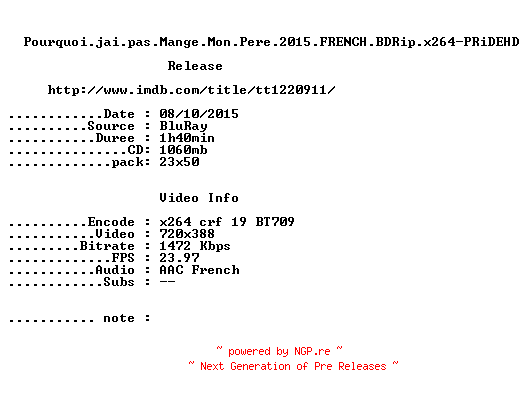 NFO for the release Pourquoi.jai.pas.Mange.Mon.Pere.2015.FRENCH.BDRip.x264-PRiDEHD by PRiDEHD