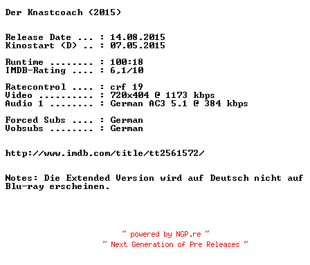NFO for the release Der.Knastcoach.German.2015.AC3.BDRiP.x264-EXQUiSiTE by EXQUiSiTE