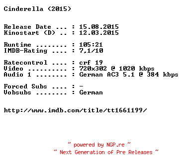 NFO for the release Cinderella.German.2015.AC3.BDRiP.x264-EXQUiSiTE by EXQUiSiTE