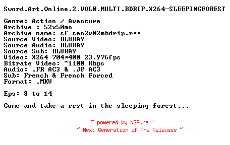 NFO for the release Sword.Art.Online.2.VOL02.MULTI.BDRIP.X264-SLEEPINGFOREST by SLEEPINGFOREST