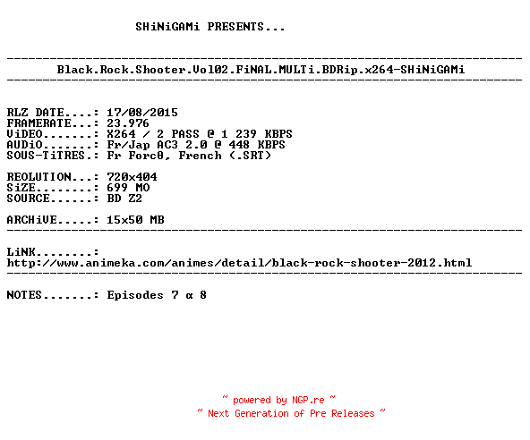 NFO for the release Black.Rock.Shooter.Vol02.FiNAL.MULTi.BDRip.x264-SHiNiGAMi by SHiNiGAMi