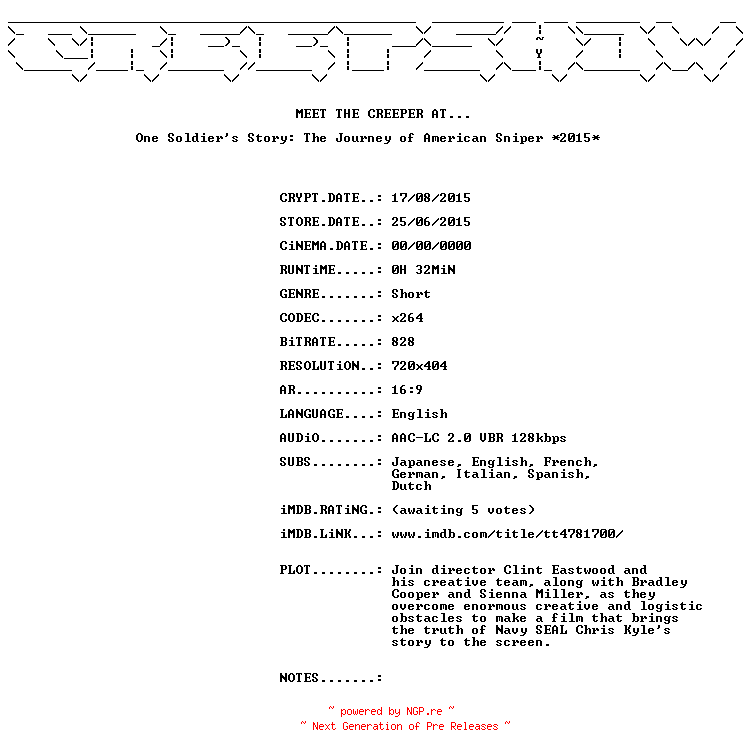 NFO for the release One.Soldiers.Story.The.Journey.Of.American.Sniper.2015.BDRiP.x264-CREEPSHOW by CREEPSHOW