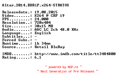 NFO for the release Altar.2014.BDRiP.x264-STRATOS by STRATOS