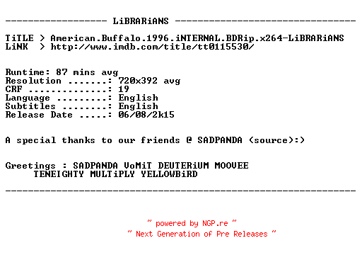 NFO for the release American.Buffalo.1996.iNTERNAL.BDRip.x264-LiBRARiANS by LiBRARiANS