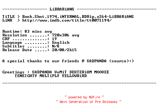 NFO for the release Bank.Shot.1974.iNTERNAL.BDRip.x264-LiBRARiANS by LiBRARiANS