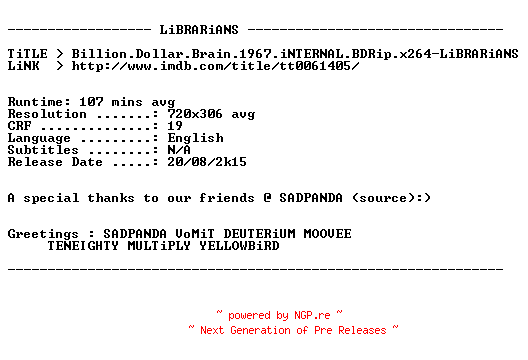 NFO for the release Billion.Dollar.Brain.1967.iNTERNAL.BDRip.x264-LiBRARiANS by LiBRARiANS