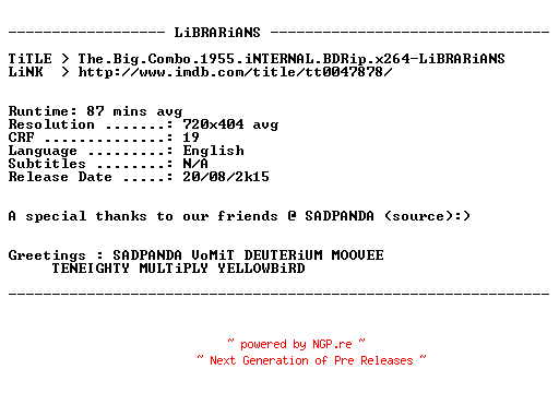 NFO for the release The.Big.Combo.1955.iNTERNAL.BDRip.x264-LiBRARiANS by LiBRARiANS
