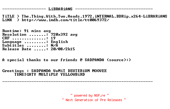 NFO for the release The.Thing.With.Two.Heads.1972.iNTERNAL.BDRip.x264-LiBRARiANS by LiBRARiANS