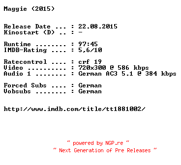 NFO for the release Maggie.German.2015.AC3.BDRiP.x264-EXQUiSiTE by EXQUiSiTE