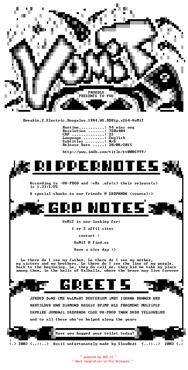 NFO for the release Breakin.2.Electric.Boogaloo.1984.WS.BDRip.x264-VoMiT by VoMiT