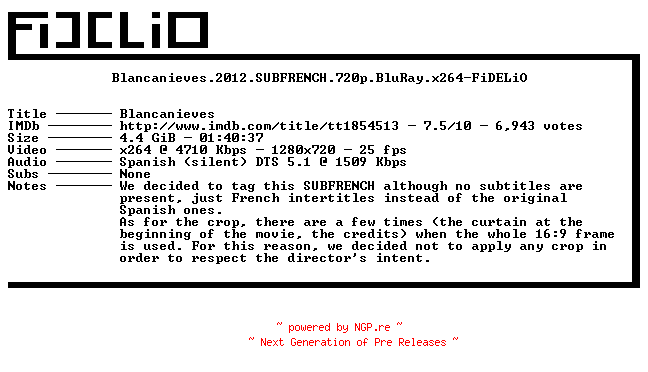 NFO for the release Blancanieves.2012.SUBFRENCH.720p.BluRay.x264-FiDELiO by FiDELiO