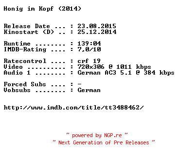 NFO for the release Honig.im.Kopf.German.2014.AC3.BDRiP.x264-EXQUiSiTE by EXQUiSiTE