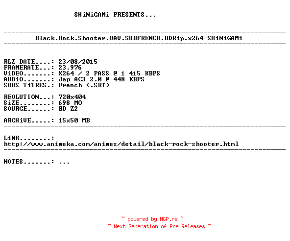 NFO for the release Black.Rock.Shooter.OAV.SUBFRENCH.BDRip.x264-SHiNiGAMi by SHiNiGAMi