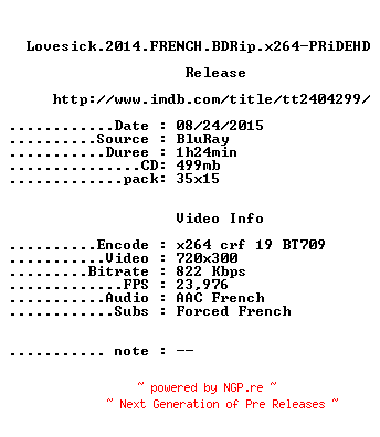 NFO for the release Lovesick.2014.FRENCH.BDRip.x264-PRiDEHD by PRiDEHD