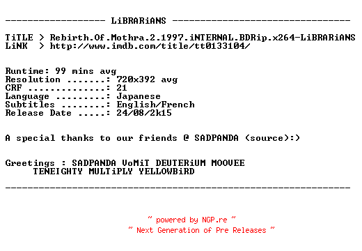 NFO for the release Rebirth.Of.Mothra.2.1997.iNTERNAL.BDRip.x264-LiBRARiANS by LiBRARiANS