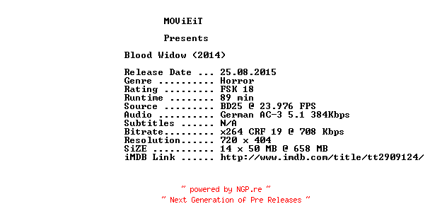 NFO for the release Blood.Widow.German.2014.AC3.BDRip.x264-MOViEiT by MOViEiT