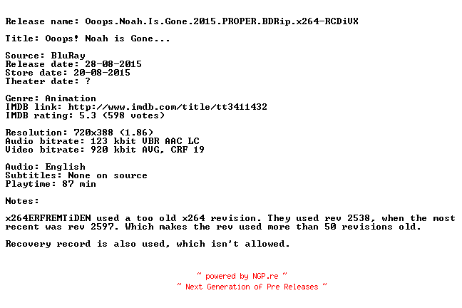 NFO for the release Ooops.Noah.Is.Gone.2015.PROPER.BDRip.x264-RCDiVX by RCDiVX