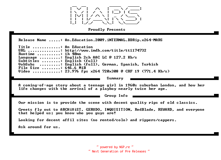 NFO for the release An.Education.2009.iNTERNAL.BDRip.x264-MARS by MARS