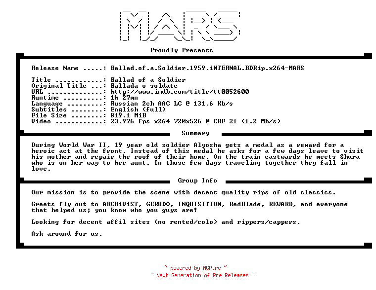NFO for the release Ballad.of.a.Soldier.1959.iNTERNAL.BDRip.x264-MARS by MARS