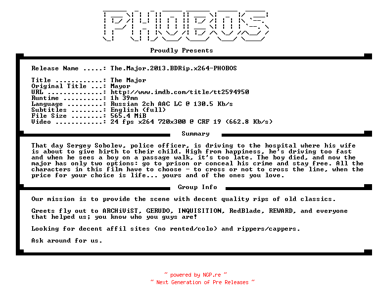 NFO for the release The.Major.2013.BDRip.x264-PHOBOS by PHOBOS