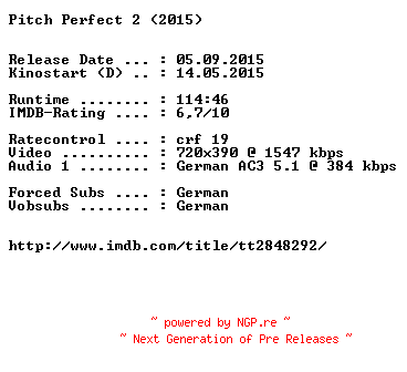 NFO for the release Pitch.Perfect.2.German.2015.AC3.BDRiP.x264-EXQUiSiTE by EXQUiSiTE