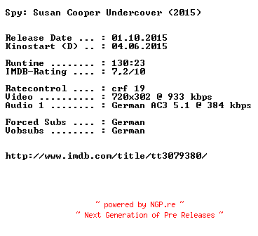 NFO for the release Spy.Susan.Cooper.Undercover.EXTENDED.German.2015.AC3.BDRiP.x264-EXQUiSiTE by EXQUiSiTE