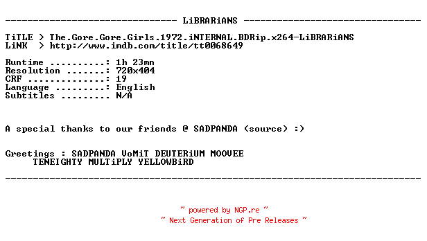 NFO for the release The.Gore.Gore.Girls.1972.iNTERNAL.BDRip.x264-LiBRARiANS by LiBRARiANS