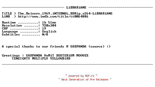 NFO for the release The.Reivers.1969.iNTERNAL.BDRip.x264-LiBRARiANS by LiBRARiANS