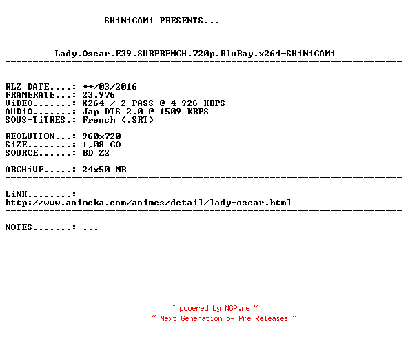NFO for the release Lady.Oscar.E39.SUBFRENCH.720p.BluRay.x264-SHiNiGAMi by SHiNiGAMi