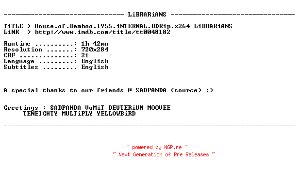 NFO for the release House.of.Bamboo.1955.iNTERNAL.BDRip.x264-LiBRARiANS by LiBRARiANS