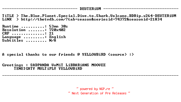 NFO for the release The.Blue.Planet.Special.Dive.to.Shark.Volcano.BDRip.x264-DEUTERiUM by DEUTERiUM