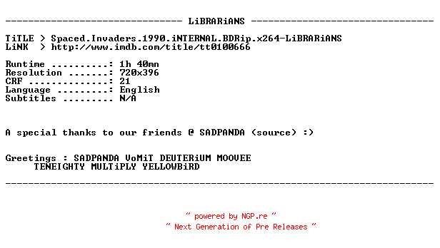 NFO for the release Spaced.Invaders.1990.iNTERNAL.BDRip.x264-LiBRARiANS by LiBRARiANS
