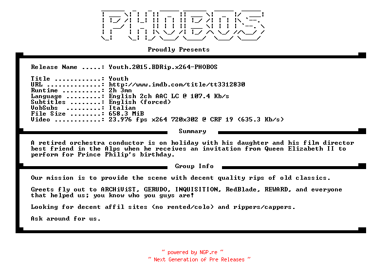 NFO for the release Youth.2015.BDRip.x264-PHOBOS by PHOBOS