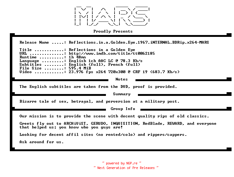 NFO for the release Reflections.in.a.Golden.Eye.1967.iNTERNAL.BDRip.x264-MARS by MARS