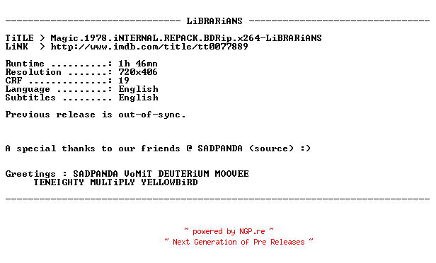 NFO for the release Magic.1978.iNTERNAL.REPACK.BDRip.x264-LiBRARiANS by LiBRARiANS