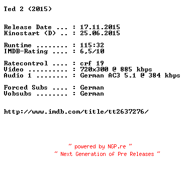 NFO for the release Ted.2.German.2015.AC3.BDRiP.x264-EXQUiSiTE by EXQUiSiTE