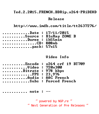 NFO for the release Ted.2.2015.FRENCH.BDRip.x264-PRiDEHD by PRiDEHD