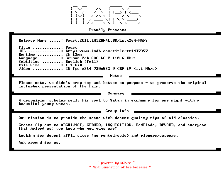 NFO for the release Faust.2011.iNTERNAL.BDRip.x264-MARS by MARS
