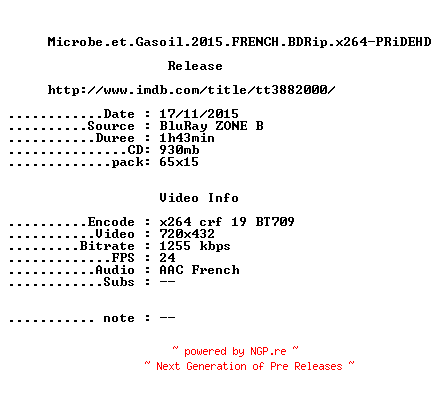 NFO for the release Microbe.et.Gasoil.2015.FRENCH.BDRip.x264-PRiDEHD by PRiDEHD