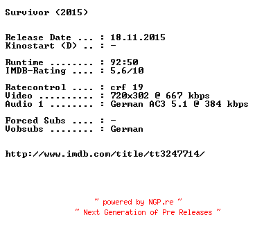 NFO for the release Survivor.German.2015.AC3.BDRiP.x264-EXQUiSiTE by EXQUiSiTE