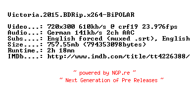 NFO for the release Victoria.2015.BDRip.x264-BiPOLAR by BiPOLAR