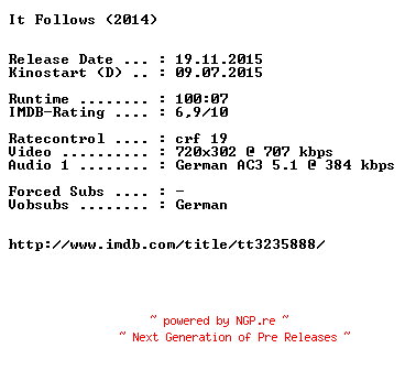 NFO for the release It.Follows.German.2014.AC3.BDRiP.x264-EXQUiSiTE by EXQUiSiTE