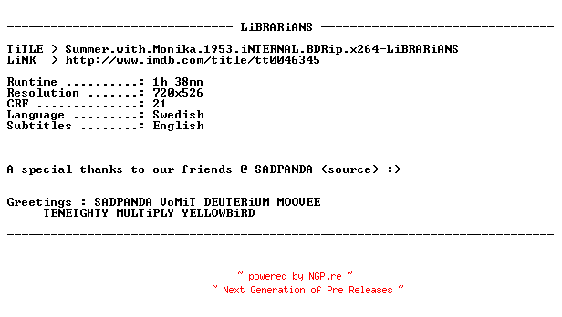 NFO for the release Summer.with.Monika.1953.iNTERNAL.BDRip.x264-LiBRARiANS by LiBRARiANS