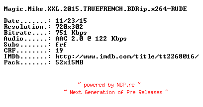 NFO for the release Magic.Mike.XXL.2015.TRUEFRENCH.BDRip.x264-RUDE by RUDE