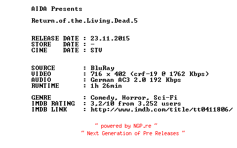 NFO for the release Return.of.the.Living.Dead.5.2005.German.BDRip.x264.iNTERNAL-AIDA by AIDA
