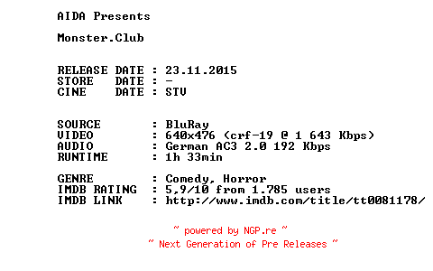 NFO for the release Monster.Club.1980.German.BDRip.x264.iNTERNAL-AIDA by AIDA