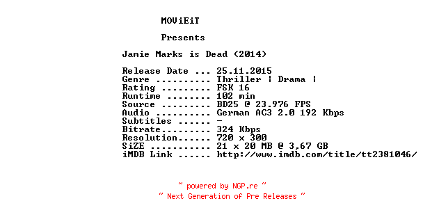 NFO for the release Jamie.Marks.Is.Dead.German.2014.AC3.BDRip.x264-MOViEiT by MOViEiT