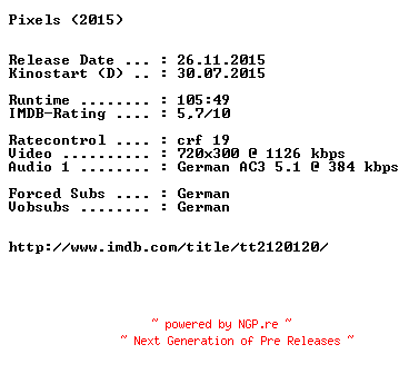 NFO for the release Pixels.German.2015.AC3.BDRiP.x264-EXQUiSiTE by EXQUiSiTE