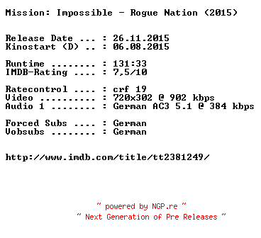 NFO for the release Mission.Impossible.Rogue.Nation.German.2015.AC3.BDRiP.x264-EXQUiSiTE by EXQUiSiTE