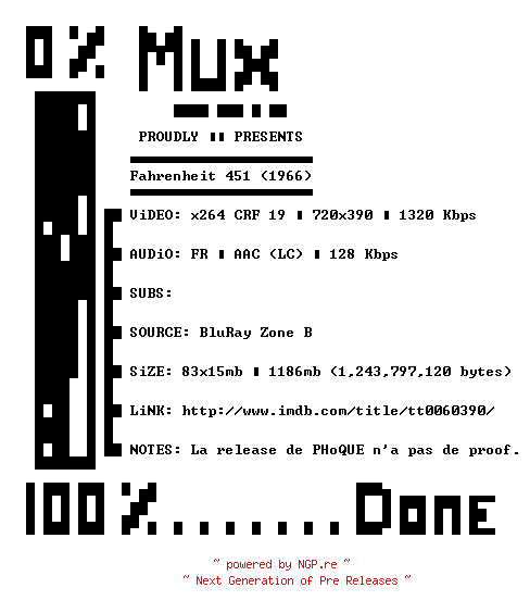 NFO for the release Fahrenheit.451.1966.PROPER.FRENCH.BDRip.x264-MUx by MUx